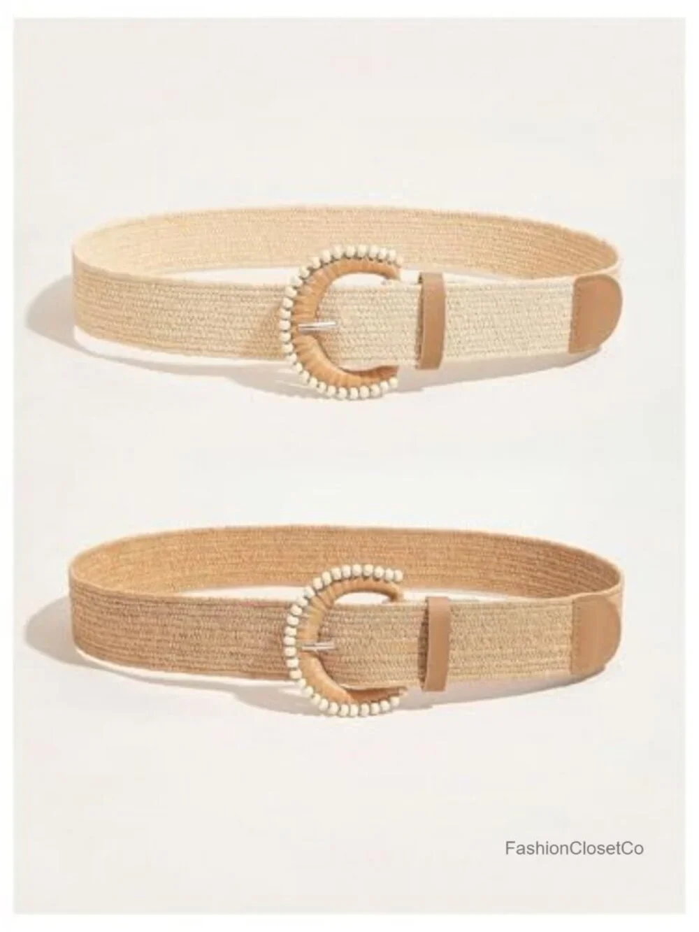 2 Pack Stretch Woven Raffia Belts Boho Dress Belt Circle Buckle